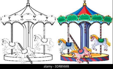 Amusement park carousel with galloping horses in detailed color and matching black-and-white outline version Stock Vector