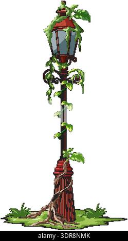 Red antique street lamp entwined with lush green vines, roots, and leaves, vector illustration Stock Vector