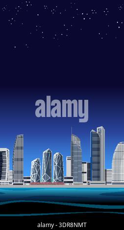 Flat vector illustration of a futuristic urban cityscape under a dark blue starry night sky Stock Vector