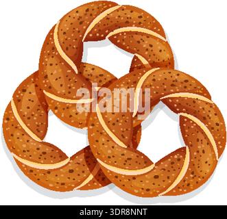Three braided Turkish simit rings, golden brown, detailed vector style, isolated on white background Stock Vector