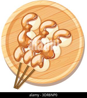 Vector illustration of dango skewers topped with sauce, arranged on a round wooden plate Stock Vector