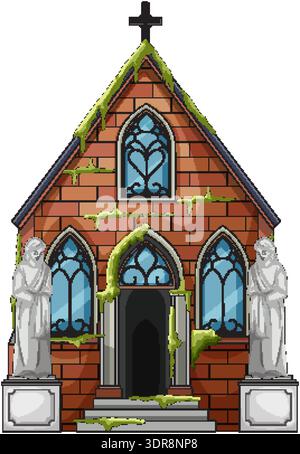 Vector illustration of old moss-covered brick chapel with stained glass windows and stone statues Stock Vector