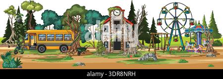 Cartoon vector of deserted forest amusement park, ruined school building, rusty bus, and rides Stock Vector