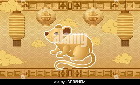 Gold rat character vector on patterned background with paper lanterns and stylized oriental clouds Stock Vector