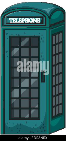 Classic blue telephone booth with glass panels, isolated, flat vector style, clean lines Stock Vector