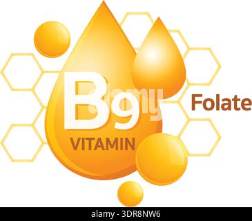 Bright vector illustration of vitamin B9 folate with orange droplets and hexagonal background elements Stock Vector