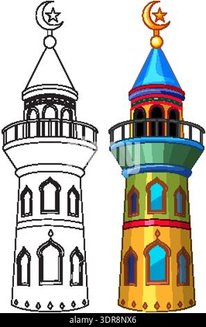 Minaret tower shown in vibrant color and black outline, cartoon vector, isolated, vertical composition Stock Vector