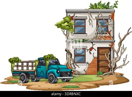 Cartoon abandoned house and vintage truck overgrown with vines, isolated on white background Stock Vector