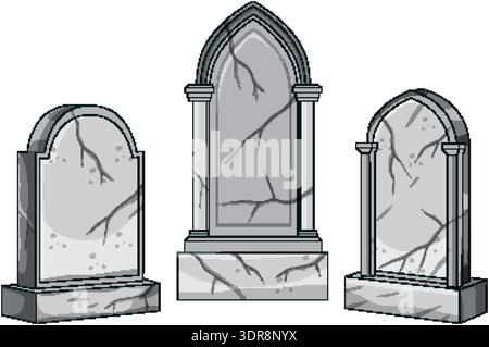 Three cracked marble tombstones in clean vector style with simple shading and white background Stock Vector