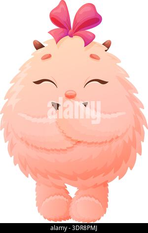 cheerful pink monster girl mascot with red bow.  Stock Vector