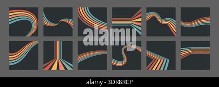 Stripe rainbow groovy. Set of Retro geometric backdrops with playful arches on dark. Artistic prints or interior design projects. Vintage vector Stock Vector