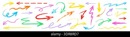 Arrow pencil brush crayon color set. Arrow line hand drawn sketch with chalk marker stroke texture grunge..Fun kid doodle swirl spiral underline check symbol childish cute. Vector illustration. Stock Vector