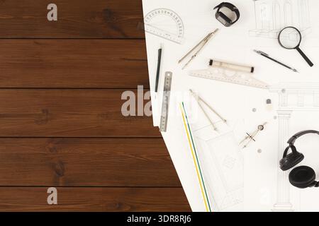 Crafting Designs With Tools on Workspace While Planning a Project With Focus on Detail Stock Photo