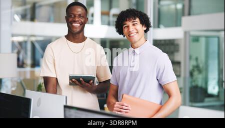 Portrait, business men and smile in office for accounting, consultant and coworking with tablet. Happy, team and pride with tech for finance Stock Photo