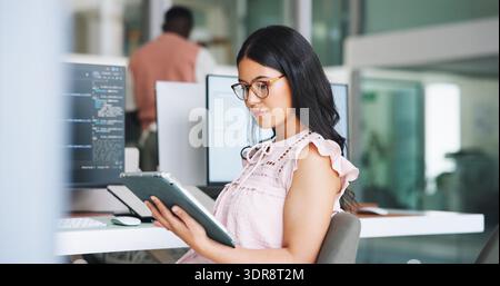 Woman, software developer and research in office with tablet, glasses or plan for web design project. Digital designer, female person and coworking Stock Photo