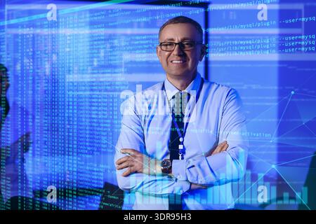 Double exposure of virtual screen with diagrams and male business analyst in dark office Stock Photo