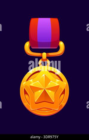 Golden game medal award icon, victory and achievement winner reward. Cartoon vector trophy rank badge with a star attached to a ribbon. Isolated game asset, symbol of excellence and winner recognition Stock Vector