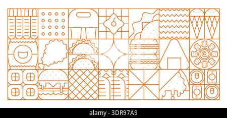 Fast food geometric abstract Bauhaus pattern. Street food cafe abstract vector pattern, fast food menu Bauhaus pattern with with burger, ice cream, pizza, kebab, sushi and fries, soda, dumpling meals Stock Vector