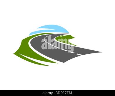 Highway road logo vector icon, asphalt route way. Winding highway road stretching into the horizon with green grass fields. Transport and travel, navigation and map, logistics icon Stock Vector