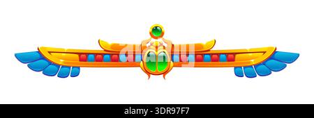 Ancient Egypt ornament, Egyptian divider vector frame border. Cartoon golden Egyptian scarab with green jewel body spreads wide stylized blue wings, accented by red and turquoise rectangular inlays Stock Vector