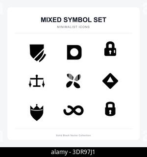 Minimalist Black Solid Security Icons for Cybersecurity, Privacy, and Data Protection Stock Vector
