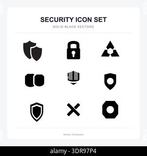 Minimalist Black Solid Security Icons for Cybersecurity, Privacy, and Data Protection Stock Vector