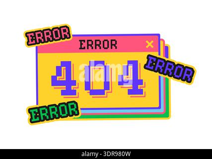 Computer 404 error window Y2K groovy sticker or retro symbol. PC technology funky vector tag, 2000s computer hardware retro sticker. Operating system or web browser error message window groovy label Stock Vector