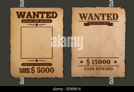 Vintage western wanted vector poster on rough parchment background. Vector cowboy and sheriff wanted dead or alive mockup banner with criminal photo frame and cash reward notice, criminal research Stock Vector