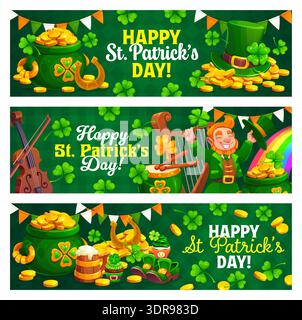 Happy St Patrick's day banner. Ireland folk celebration vector greeting card, holiday banner. Saint Patrick flyer with happy leprechaun, golden coins in pot, shamrock clovers and musical instruments Stock Vector