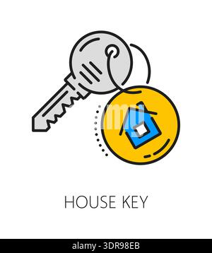 Home security key color line icon or pictogram. Home secure access system lineart vector pictogram, house security company line symbol. Property safety service outline icon with key, keyring and tag Stock Vector