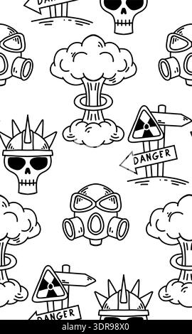Seamless black and white doodle pattern with skulls, gas masks, danger signs and explosion clouds. Postapocalyptic and nuclear war. Bold line art vect Stock Vector