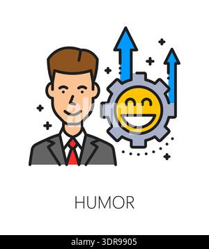 Humor life skill color line icon or label. Personality potential thin line vector sign, people quality icon. Human humor ability symbol with businessman or employee happy character, emoji happy face Stock Vector