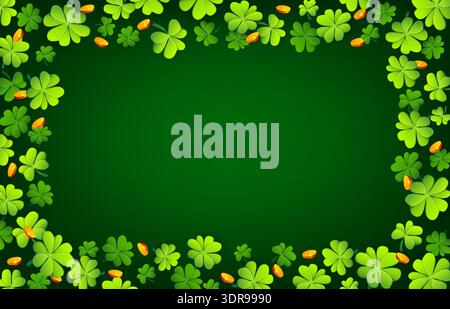 Shamrock clover St Patrick's day background. Saint Patrick day green vector wallpaper, Irish celebration cover background. Spring holiday collage backdrop with clover green leaves and golden coins Stock Vector