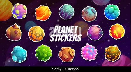 Cartoon alien space planets and stars stickers pack. Cartoon vector patches of fantasy galaxy planets against a starry sky background. Cosmic world rocky spheres, celestial bodies with rings, craters Stock Vector