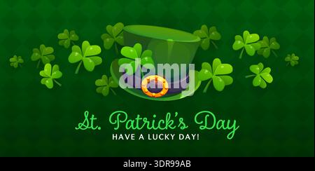Happy St Patrick's day banner with shamrock clovers and leprechaun hat. Irish holiday vector flyer, Saint Patrick festival poster or greeting card with green top hat with golden buckle, clover leaves Stock Vector