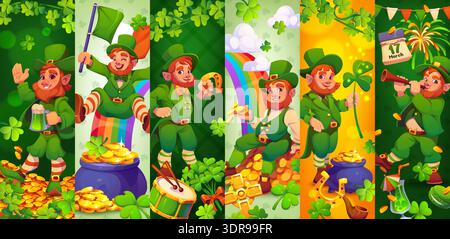 St Patrick's day leprechaun characters collage. Ireland holiday collage vector banner, St Patrick greeting card with cheerful, happy cartoon leprechauns, shamrock clovers and golden coins in pot Stock Vector