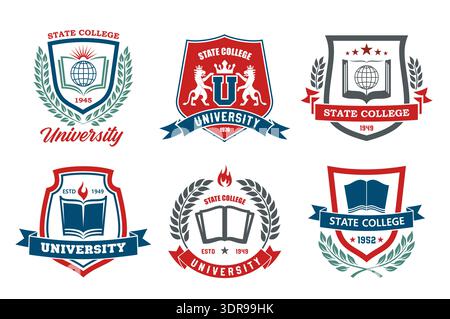 University, academy or education college icons of heraldic shields, vector emblems. University or student academy badges of open book and laurel wreath, torch fire and heraldic animals with ribbons Stock Vector