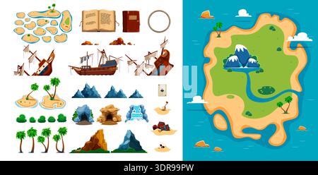 Pirate map constructor kit with wrecked ships, treasure chests, skull and waterfall cascade, caves, rocky islands, palm trees. Cartoon vector large island map with rivers, mountains and sandy shores Stock Vector