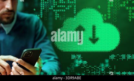 Man using smartphone to upload and download data in digital environment Stock Photo