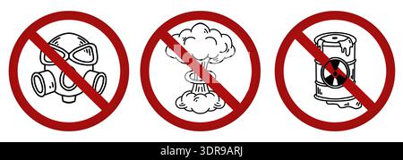 Vector set with a nuclear explosion, gas mask, and chemical tank in a prohibition sign. Ban nuclear war. Danger of radiation Stock Vector