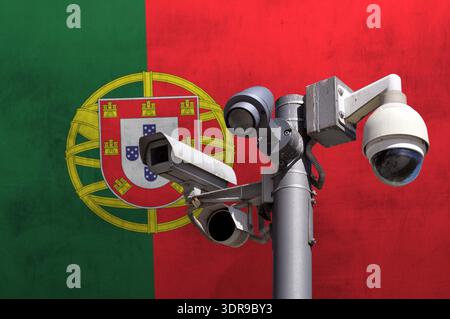Closed circuit camera Multi-angle CCTV system against the background of the national flag of Portugal. Stock Photo