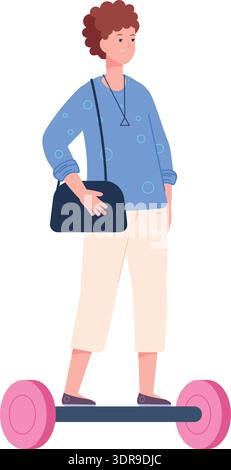 Woman ride hoverboard. Working person color character isolated on white background Stock Vector