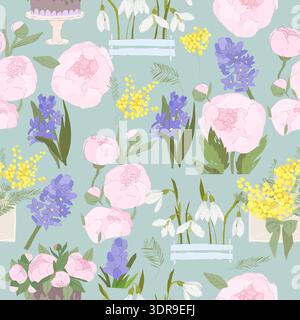 Seamless Pattern with Fresh Spring Flowers Bouquets Stock Vector