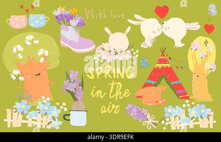 Cartoon Set with Cute Animals and Spring Flowers Stock Vector