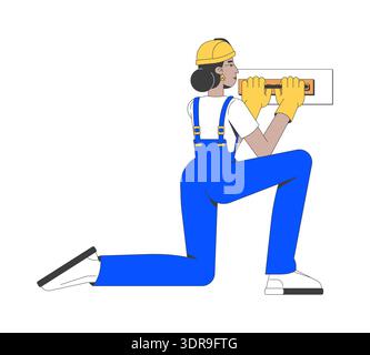 Female construction worker applying wall putty 2D cartoon character Stock Vector