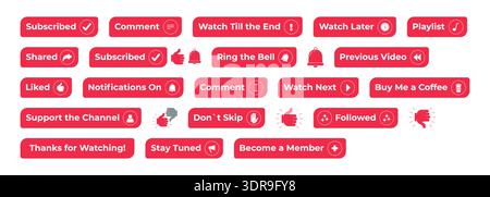 Red enabled flat social media web button set Stock Vector
