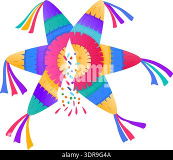 Candy falling from star pinata. Mexican party game isolated on white background Stock Vector