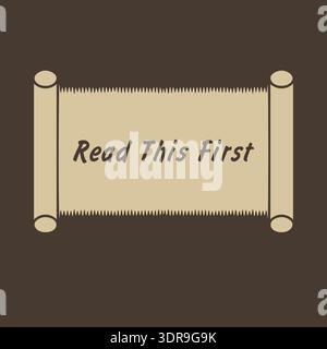 Scroll style label with read this first text centered on a parchment banner frame Stock Vector