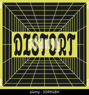 Retro Distort typography centered inside a geometric perspective grid tunnel with bold yellow lines on a dark background Stock Vector
