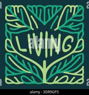 Green badge with living text surrounded by a leaf vein pattern forming a square frame Stock Vector